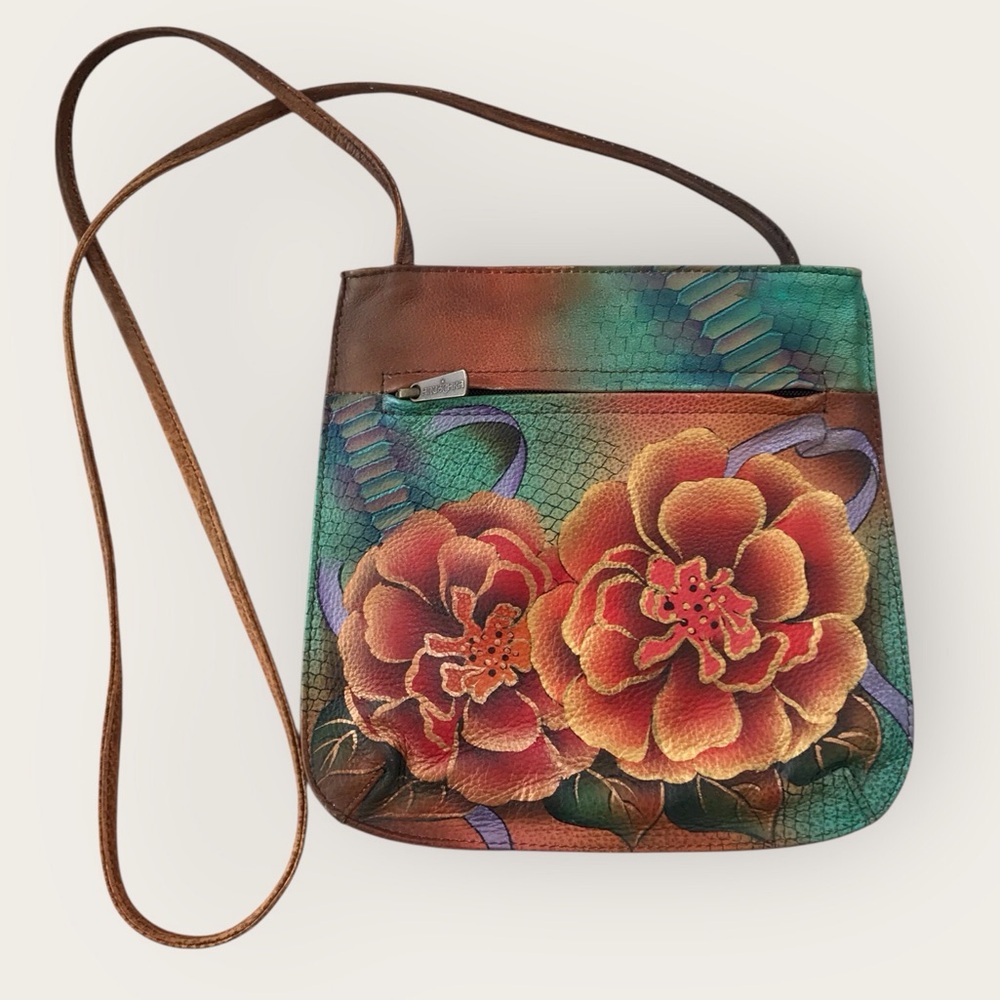 Anuschka Leather Crossbody Purse Floral  Boho Hand-painted Teal Blue & Red - Picture 3 of 10